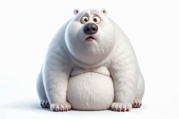 full body Funny Portrait of surprised Polar bear with bulging big eyes on solid white background. ai generative