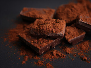 Broken dark chocolate with cocoa powder on it on a black surface. Low key. Close up.