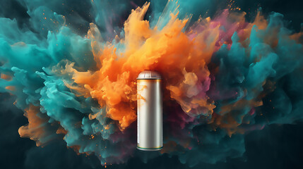 Aerosol can with cloud of coloured powders stock photo, commercial background, template, mock up - obrazy, fototapety, plakaty