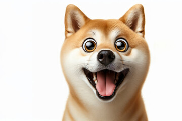 Funny Portrait of surprised Shiba Inu dog with bulging big eyes on solid white background. ai generative