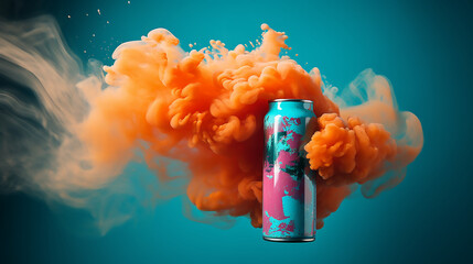 Aerosol can with cloud of coloured powders stock photo, commercial background, template, mock up