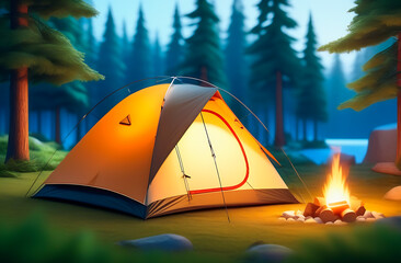 Yellow tent and bonfire in the middle of the forest, camping and active life concept