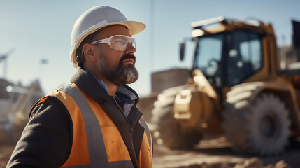Male Civil Engineer Wearing Protective Goggles And Using Tablet On Construction Site On Sunny Day. Man Inspecting Building Progress. Excavator Loading Materials Into Big Industrial Truck - obrazy, fototapety, plakaty