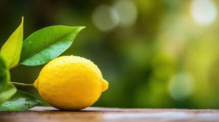 Beautiful organic close up lemon on nature outdoor background with copy space.