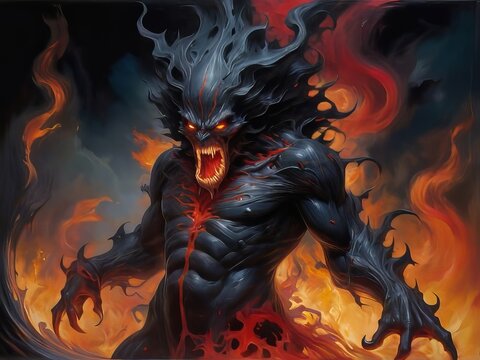 figura monstruosa hecha de sombras y llamas arremolinadas