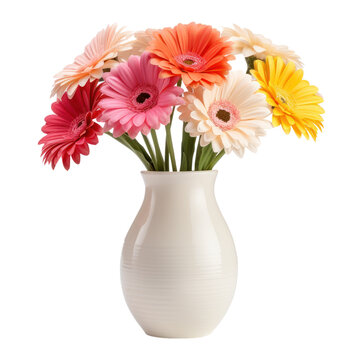 Beautiful gerbera flowers bouquet in a vase solated on white or transparent background, png clipart, design element. Easy to place on any other background.