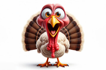 full body Funny Portrait of surprised turkey with bulging big eyes on solid white background. ai generative