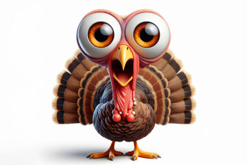 full body Funny Portrait of surprised turkey with bulging big eyes on solid white background. ai generative