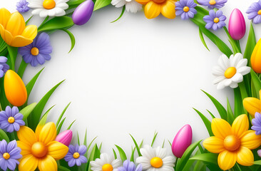 Beautiful spring frame made of spring flowers with empty space for your text, white background, template for Easter card