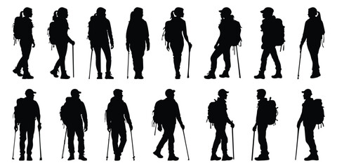 Silhouettes of climbers. Hiker Silhouettes are isolated on a white background. Hiker silhouette set. People with backpacks. - obrazy, fototapety, plakaty