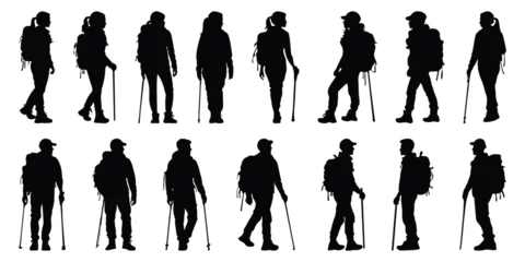 Fotobehang Silhouettes of climbers. Hiker Silhouettes are isolated on a white background. Hiker silhouette set. People with backpacks. © Saklain