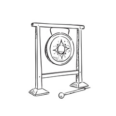 A line drawn illustration of a gong in black and white. Vectorised digitally for a variety of uses. Drawn by hand in a sketchy style.