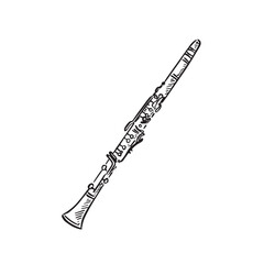 A line drawn illustration of a clarinet in black and white. Vectorised digitally for a variety of uses. Drawn by hand in a sketchy style.