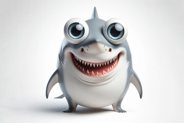 full body Funny Portrait of surprised white shark with bulging big eyes on solid white background. ai generative