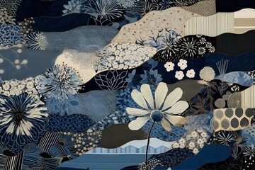 Blue and gray pattern, in the style of dark indigo and dark beige, stylistic influence by japanese woodblock prints, fabric combinations, patchwork textile handcraft