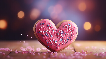 Fototapeta premium Heart Shaped Cookies with Sprinkles, Happy Valentines day, sweets, love concept