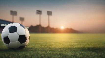 A football and a soccer shoe on the grass stadium in sunset background with copy space for text. World Football Day December 10. Sport finale or school, sports EK, WK game for 2024, 2025, 2026, 2027  - obrazy, fototapety, plakaty