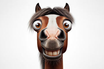 Funny Portrait of surprised horse with bulging big eyes on solid white background. ai generative