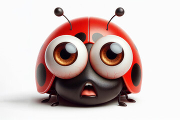 Naklejka premium Funny Portrait of surprised Ladybug with bulging big eyes on solid white background. ai generative
