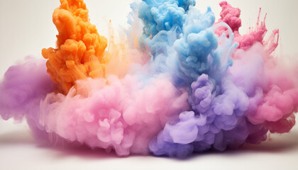 Fototapeta premium Generate fluffy, cloud like formations of colorful powder in the frame, giving the appearance of soft and billowy clouds against a pristine white background.