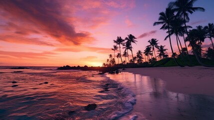 Fototapeta na wymiar palm tree on the beach during sunset pink sky of beautiful a tropical beach. Neural network AI generated art