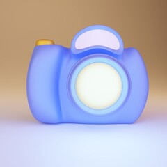 3d illustration of cartoon blue camera against gradient yellow background. Minimal concept. 3d illustration highly usable. Summer design. 3d camera. Photography.