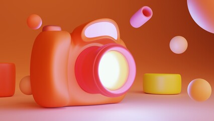 3d illustration of cartoon orange camera against gradient abstract background. Minimal concept. 3d illustration highly usable. Summer design. 3d camera. Photography. 3d colorful shapes.