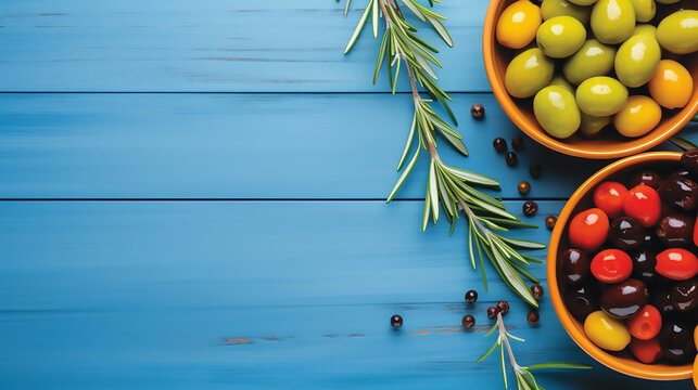Assortment of fresh olives with different colours in bowls with rosemary branches, Template, Mock up