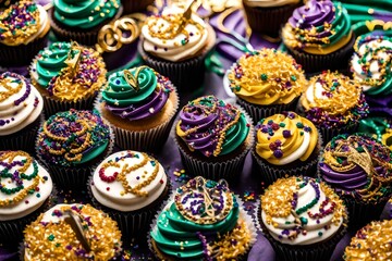 "Close-up of Mardi Gras-themed cupcakes, adorned with intricate icing designs and colorful sprinkles."