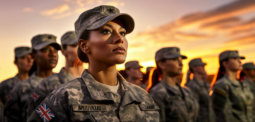 Group of women in military uniforms standing at army ceremony or presentation, sunset sky background. Generative AI