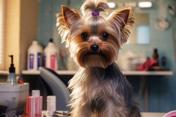 A cute dog after bathing and grooming in the salon. The concept of pet care. grooming salon