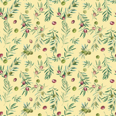 Watercolor seamless pattern with branches of green and red olives on a beige background. Can be used for textile, wallpaper prints, kitchen, food and cosmetic design.