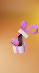 Modern 3d illustration of realistic 3d pink and white present, phone and credit card against yellow background. Minimal concept. 3d illustration highly usable. Black Friday design, sale, special.