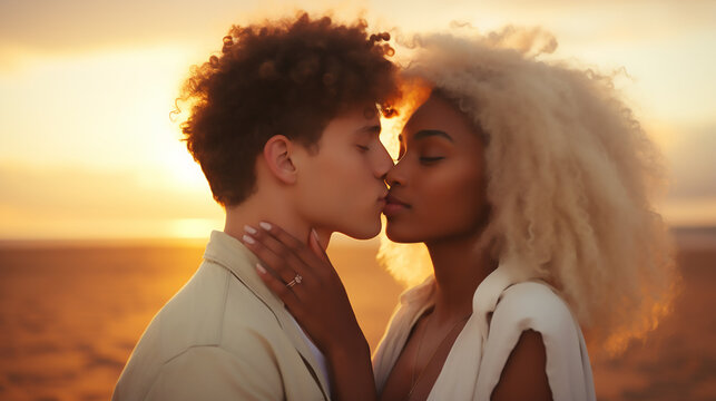 Multi-ethnic couple in love while kissing on the beach during a sunset. Love, honeymoon, heterosexual couple
