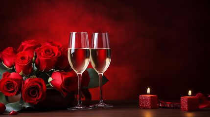 Happy Valentines Day, Romantic background with champagne and rose bouquet, commercial, anniversary, engagement, couple, happiness