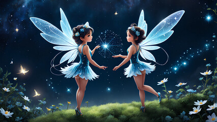 AI Illustration of Innocent Angel Fairies sized equivalent to the size of a butterfly with love and affection for each other