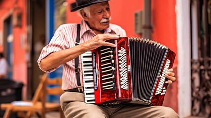 A man in a striped shirt and hat plays a red accordion on the street. - obrazy, fototapety, plakaty