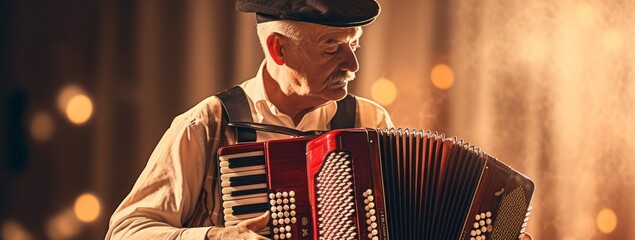 An elderly man in a flat cap and dark vest plays the accordion seriously against a backdrop of blurry lights. - obrazy, fototapety, plakaty