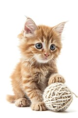 Obraz premium Playful cute ginger fluffy kitten with the knitted ball is isolated on white background