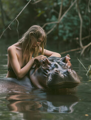 A Photo of a Woman Playing with a Hippo in Nature