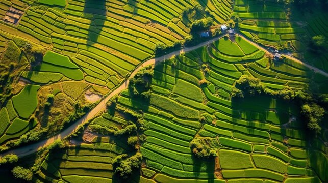 rice terraces with winding paths leading to houses. The green landscape comes alive in the sun, revealing the splendor of traditional farming.