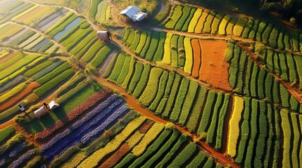 The rays of the morning sun illuminate the colorful patchwork of agricultural fields, creating a mosaic of greens, yellows and browns