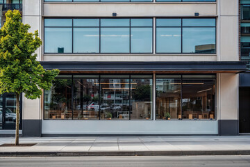 Sleek cafe exterior with transparent glass windows, offering a glimpse into the urban eatery, set within a contemporary commercial property building.
