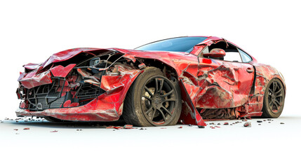 Damaged Red Sports Car After a Collision on a White Background
