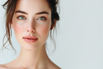 Fototapeta premium Portrait beautiful young woman with clean fresh skin. Model with healthy skin, close up portrait. Cosmetology, beauty and spa. Portrait of beauty caucasian woman with perfect healthy glow skin facial,