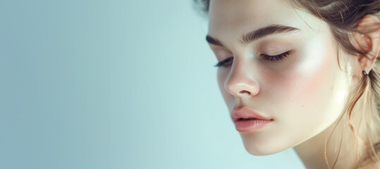 Fototapeta premium Portrait beautiful young woman with clean fresh skin. Model with healthy skin, close up portrait. Cosmetology, beauty and spa. Portrait of beauty caucasian woman with perfect healthy glow skin facial,