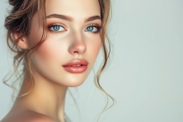 Fototapeta premium Portrait beautiful young woman with clean fresh skin. Model with healthy skin, close up portrait. Cosmetology, beauty and spa. Portrait of beauty caucasian woman with perfect healthy glow skin facial,