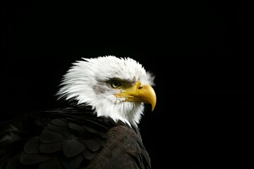 Obraz premium Portrait of an American Bald Eagle against a black background.