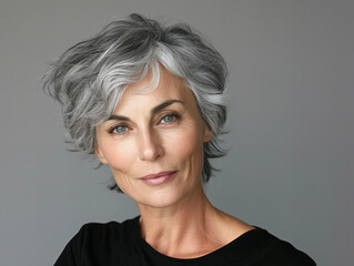 portrait of a mature, middle aged, grey haired woman isolated on grey background