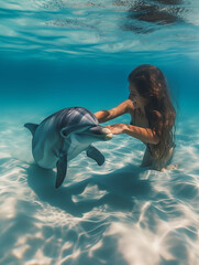 A Photo of a Woman Playing with a Dolphin in Nature